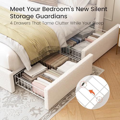 LARMACE Queen Size Bed Frame with 4 Storage Drawers and Boucle Headboard Upholstered Platform Bed Frame with LED Lights & Charging Station,Easy Assembly/No Box Spring Needed,White LARMACE