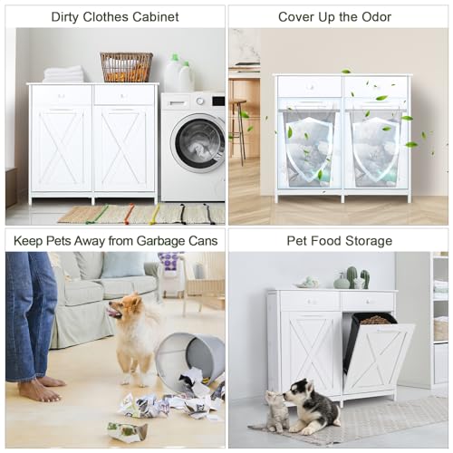 Clevich Double Tilt Out Trash Cabinet 20 Gal, Kitchen Wooden Recycling Cabinet, Hidden Trash Can Holder w/Drawers & Tabletop, Dog-Proof Trash Bin Cabinet, Trash Bins NOT Included(White) Clevich