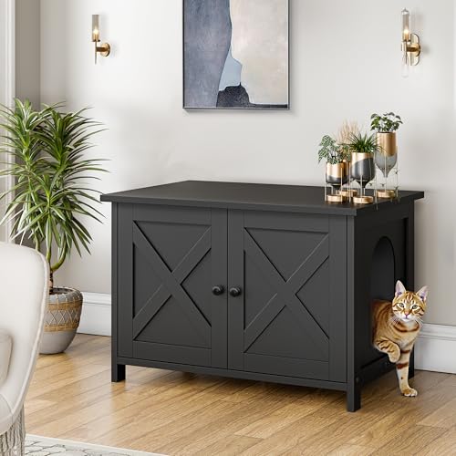 Shintenchi Cat Littler Box Enclosure, Litter Box Furniture Hidden with Removable Divider, Cat House with End Table, Black Shintenchi