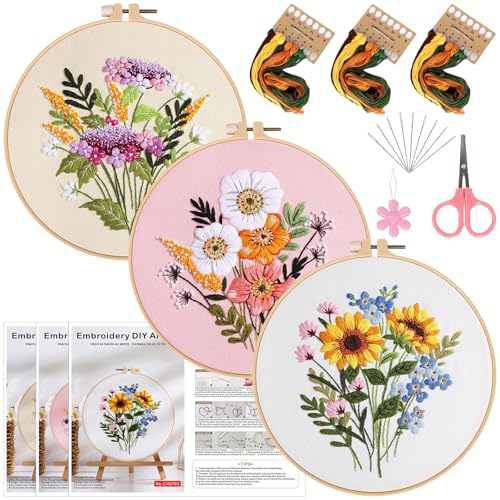 Herdiese Embroidery Kit for Beginners & Adults, 3 PCS Cross Stitch Kit with Floral Patterns – Complete Starter Set with Hoop, Pre-Printed Fabrics, Threads, 9 Needles & Scissors