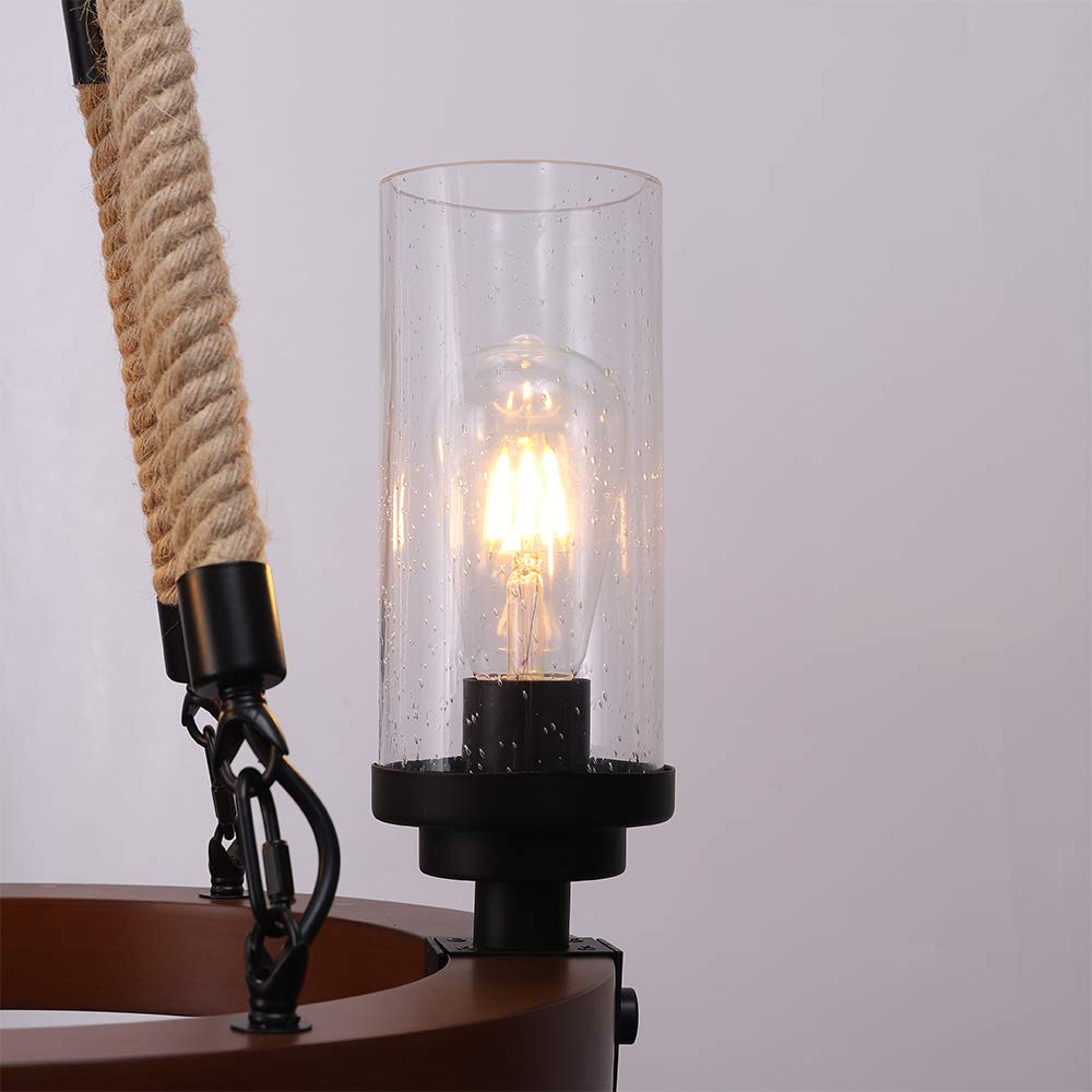 Wellmet Farmhouse Chandelier, Wood Wagon Wheel Chandelier with Seeded Glass Shade, Hanging Rustic Round 3 Lights Ceiling Pendant Lighting Fixture for Dining Room, Living Room,Foyer, Kitchen Island Wellmet