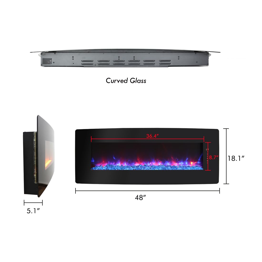 YIMUSTUK 48" Curved Electric Fireplace Heater, Front Wall Mounted/Table Top, W/Remote Control, Touch Screen, 4 Flame Colors and 8 Emberbeds Colors, Adjustable Brightness/Speed/Temperature/Timer YIMUSTUK