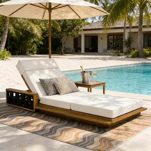 Merax Acacia Wood Patio Chaise Lounge Set of 2, Outdoor Reclining Chairs with 4-Position Adjustable Backrest, 2-Piece Sunbathing Recliner & 4" Thick Four-fold Cushion for Poolside, Garden, Beige