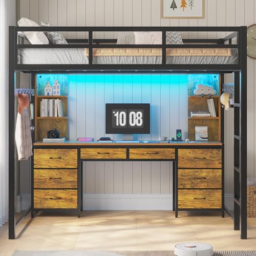 ADORNEVE Twin Loft Bed with Desk and 8 Storage Drawers, Metal Loft Beds Twin with LED Lights & Charging Sation, Storage Shelves & Clothes Rail, Full-Length Guardrail,Rustic Brown ADORNEVE