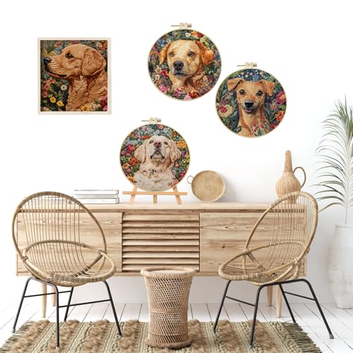 LB 4 Pack Cute Dog Flower Embroidery Kit for Beginners Funny Animal Beginner Embroidery Kit for Adults DIY Starter Kit with Embroidery Hoop Colorful Threads Tools Step by Step Instructions