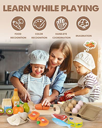 Wooden Play Food Sets for Kids Kitchen, Food Toys for Toddlers 3+ Year Old, with Shopping Bag, Pretend Food Play Kitchen Cutting Fruits Vegetables Toys, Gift for Boys Girls Educational Toys Lehoo Castle