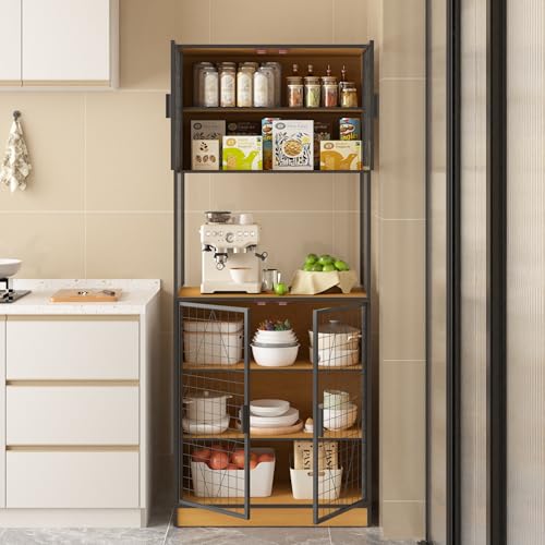 VECELO 72in Tall Kitchen Pantry Cabinet with Doors and Shelves, Large Freestanding Storage Cupboard with Countertop Hutch for, Oak VECELO