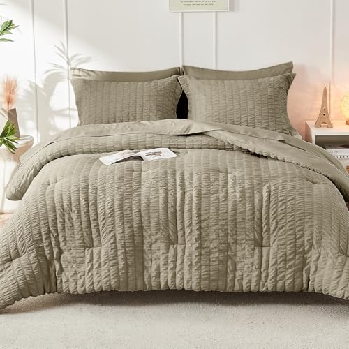 HYMOKEGE Linen Full Size Comforter Sets Seersucker 7 Pieces, All Season Luxury Bed in a Bag for Bedroom, Bedding Set with Comforter, Sheets, Pillowcases & Shams HYMOKEGE