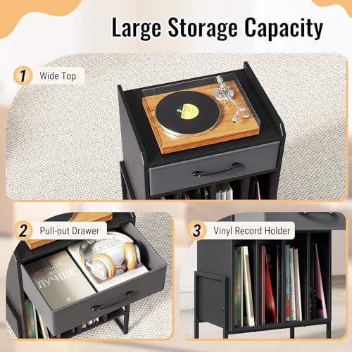 LOKO Record Player Stand, Turntable Stand with Drawer & Record Holder, Vinyl Display Shelf with Metal Frame, Record Storage Table for Living Room, Bedroom, Music Room (Black & Grey) LOKO