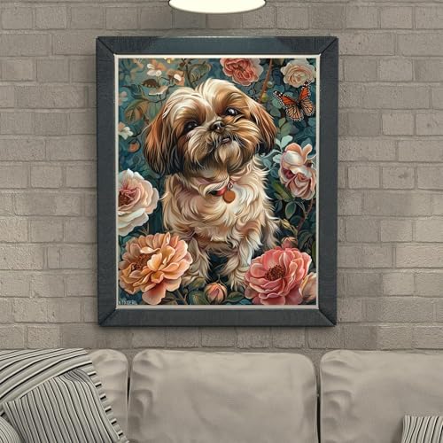 XTXGERL Shih Tzu Rose and Butterfly Paint by Numbers Kit for Adults 16x20 Inch Without Frame, DIY Oil Painting by Number, Adult Paint by Number Kits on Canvas for Wall Decor XTXGERL