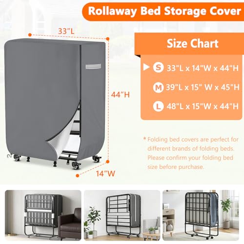 COSHNIBI Rollaway Bed Storage Cover,Heavy Duty Waterproof Storage Cover with Zipper for Single Cot Size 32-Inch Folding Bed,33" L x 14" W x 44" H,Grey COSHNIBI