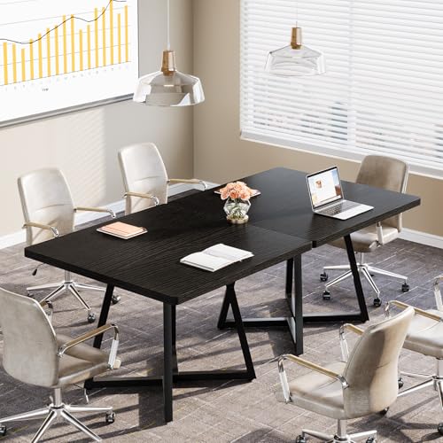 Tribesigns 31.5" Square Conference Table, Industrial Office Meeting Table for 4 People, Business Podcast Furniture with Metal Base for Small Spaces, Office Conference, Black Tribesigns
