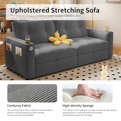 Tabaray 73.2'' Futon Sofa Bed Full, Convertible Pull Out Couch with Adjustable Backrest, Pre-Assembled Corduroy Sleeper Sofa, 2 Cup Holders & Pockets, USB, Loveseat for Living Room, Apartment, Grey Tabaray