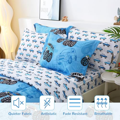 Mooreeke Kids Twin Comforter Sets for Boys 6 Pieces Truck Blue Bedding Set for Teens Soft Microfiber Kids Bed in A Bag with Comforter, Sheet Set, Shams and Decorative Toy Pillow All Season Mooreeke