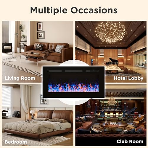 36" Electric Fireplace Insert, Wall Fireplace Electric with Remote Control, 12 Adjustable Flames, Freestanding/Wall Mounted/Recessed, 750/1500W Fireplace Insert, Timer, Ultra-Thin Design Vabches
