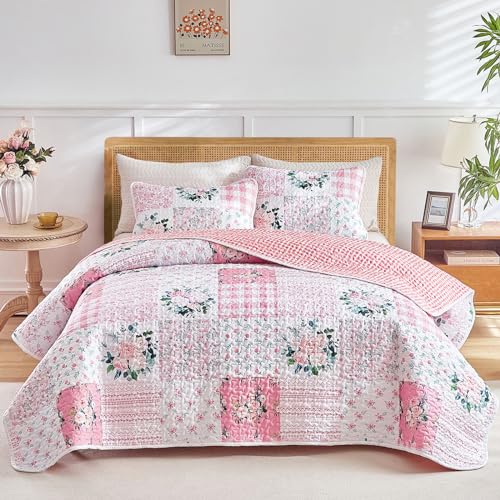Joyreap 2 Pieces Floral Patchwork Quilt Set Twin, Pink n White Flowers Design, Soft n Cozy Microfiber Quilt, Bedspread Bed Cover for All Season, 1 Quilt and 1 Pillow Sham- 68x86 inches Joyreap