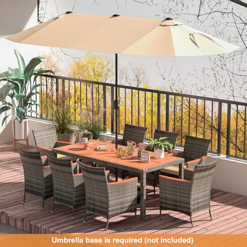 HAPPYGRILL 9 Pieces Outdoor Dining Set, Acacia Wood and Rattan Furniture Set with 1 Large Rectangular Table and 8 Chairs with Cushions, Patio Wicker Dining Table and Chairs Set HAPPYGRILL