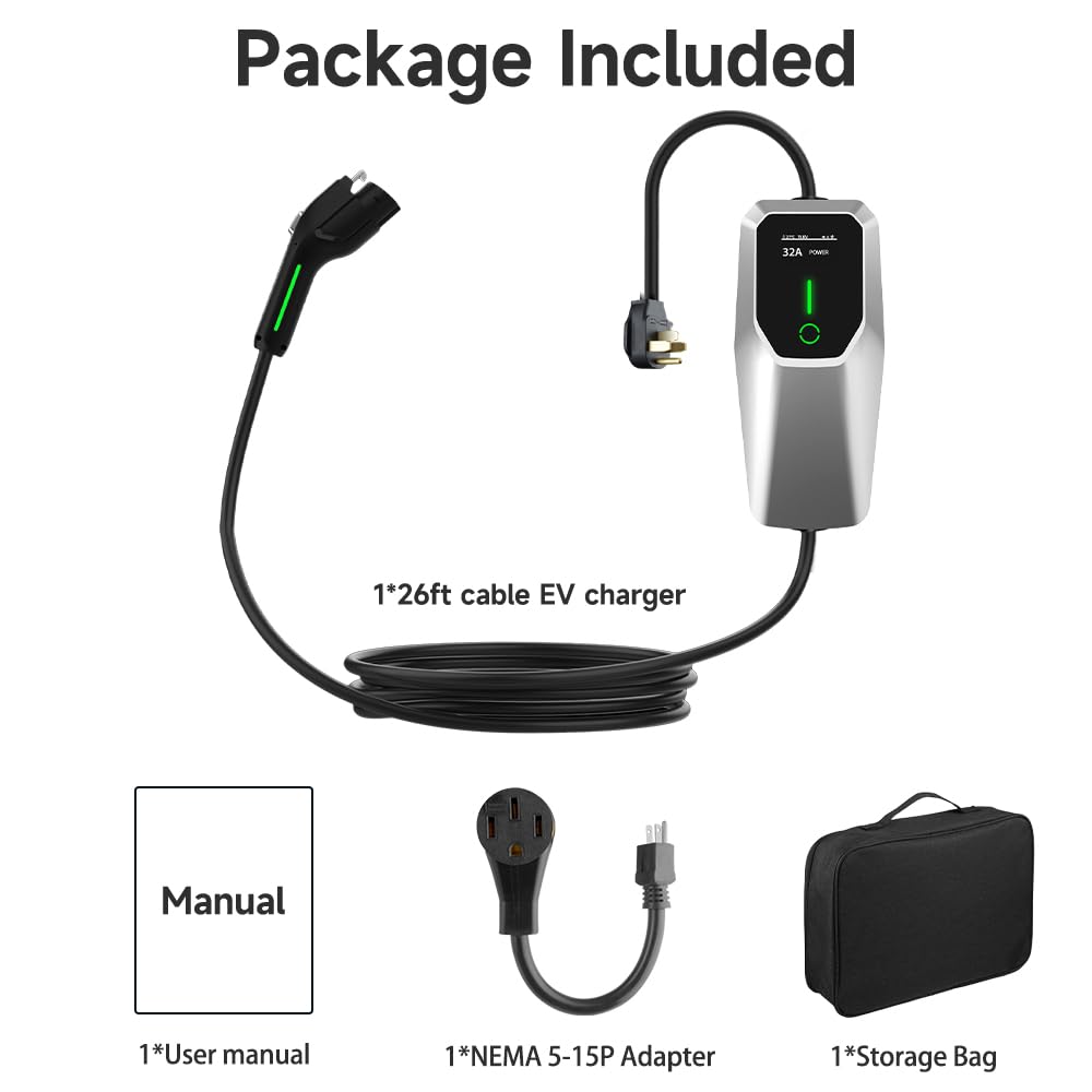Level 1 2 Electric Vehicle Charger 26ft EV Portable Charging Cable with NEMA 14-50/5-15 Plug 7.68Kw 32A Current Adjustable EV & Plug-in Hybrid Car Charger for SAE_J1772 EagleNav