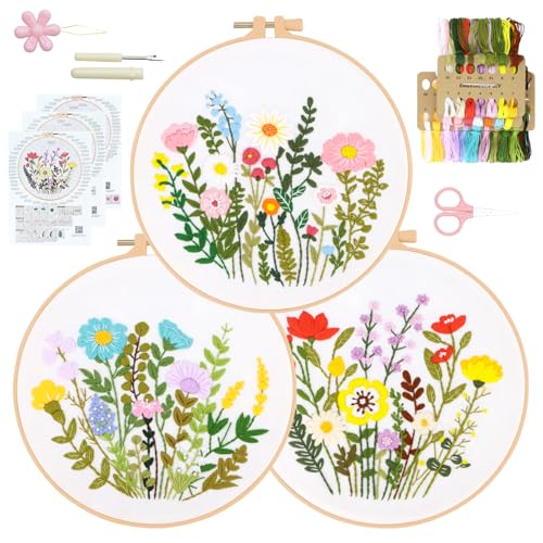 RidaaFri Embroidery Kit for Beginners, Set of 3 Flower Pattern DIY Practice Kits for Adults, Hand Embroidery Set with Step-by-Step Guide & Video Tutorial, Includes Hoop, Needles, Floss