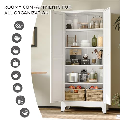 COFaR 71" Metal Pantry Cabinet with 5 Adjustable Shelves, White Storage Cabinet with Doors, Sturdy Freestanding Cupboard for Kitchen Organization, Living Room & Bathroom COFaR