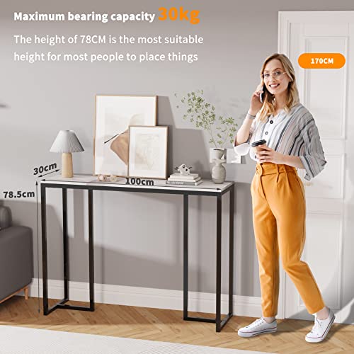 Wisfor Sintered Stone Entryway Table: White Console Table with Black Frame for Hallway - Long Narrow Table Behind Sofa, 39.4x11.8x30.9 inch Wisfor