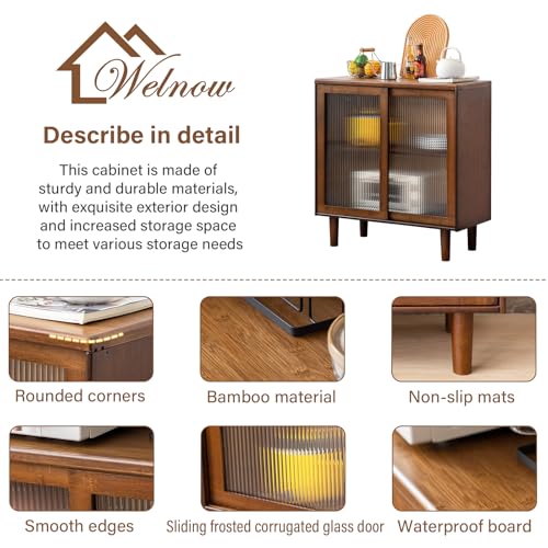 Welnow Buffet Cabinet, Bamboo Sideboard with Storage Kitchen Display Cabinet with 2-Tier Shelves Boho Coffee Bar Tables for Kitchen, Living Room, Entryway, Office, Walnut Welnow
