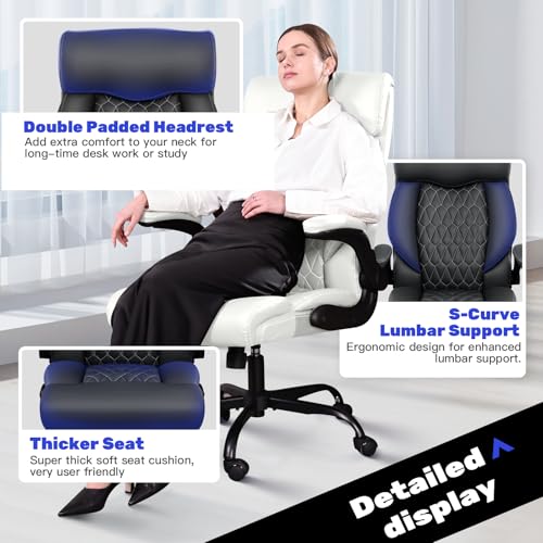 High Back Executive Office Chair - Ergonomic Computer Desk with Rocking Function, Leather Managerial with Adjustable Flip-Up Armrests and Lumbar Support BestGlory
