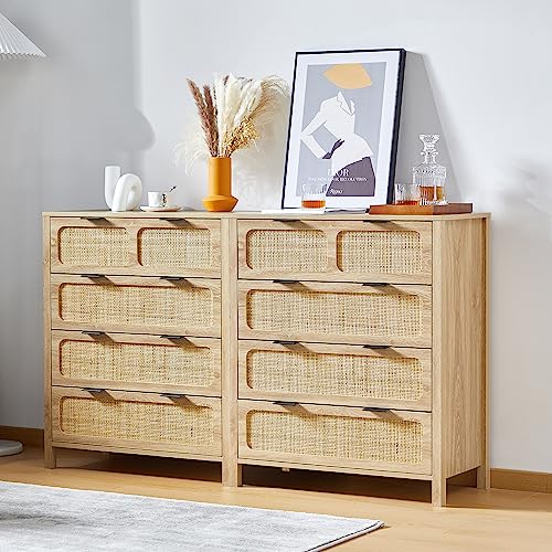 QEIUZON 4 Drawer Dresser, Modern Rattan Dresser Chest with Wide Drawers and Metal Handles, Farmhouse Wood Storage Chest of Drawers for Bedroom, Living Room, Hallway, Entryway (Natural-2 Packs) QEIUZON