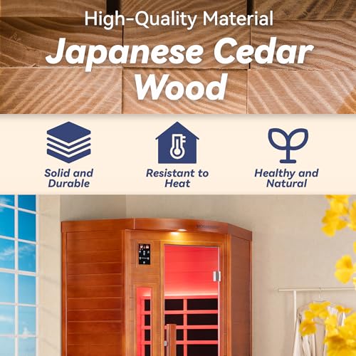 WOODBRIDGE Infrared Sauna Room 2 Person Japanese Cedar Indoor Corner Sauna with 7 Carbon Heaters, Red Light Therapy,Bluetooth Speaker,Intelligent Dual Control System,Tempered Glass,Exterior Brim Light WOODBRIDGE