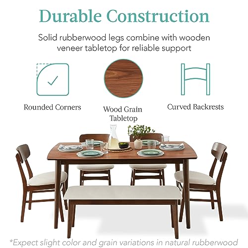 Best Choice Products 6-Piece Wooden Dining Set, Mid-Century Modern Table & Upholstered Chair Set w/Bench Seat, Rubberwood Legs - Walnut/Cream Best Choice Products