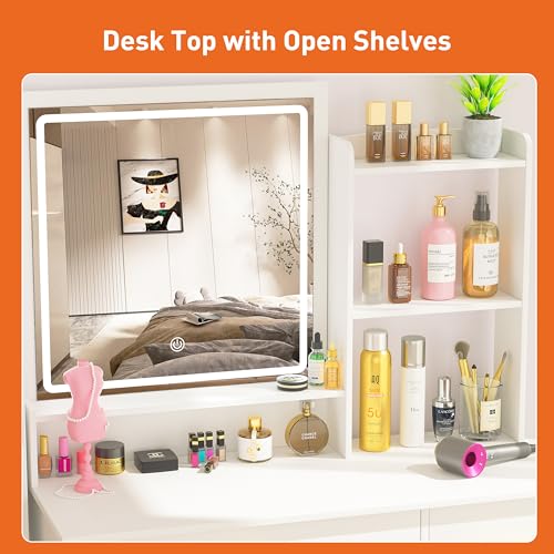 Greenvelly Makeup Vanity with lights and 2 Mirror, White Vanity Table with 3 Lighting Modes and Stool Set, Large Dressing Table with Drawers, Vanity Desk for Women and Girl Greenvelly