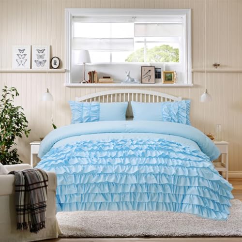 Holawakaka Light Blue Waterfall Ruffle Comforter Set, Full Size Shabby Chic Ruffled Bedding Set for Girls Women, Kids Teens Ruched Dorm Bed Set 3 Pieces Holawakaka