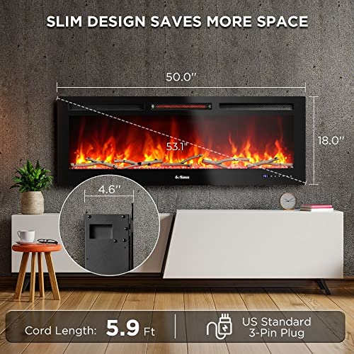 TURBRO 50” Smart WiFi Infrared Electric Fireplace with Sound Crackling and Realistic Flame, 1500W Quartz Heater, Recessed or Wall Mounted, Adjustable Flame Effects, Remote Control and App, in Flames TURBRO