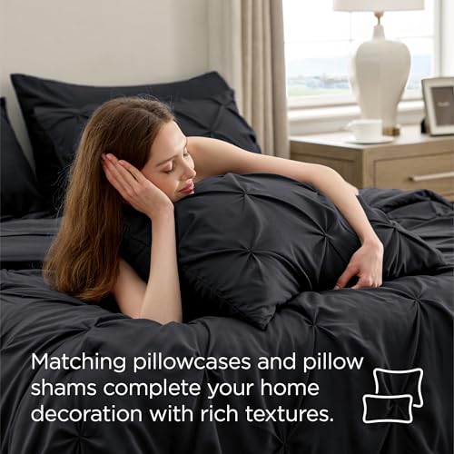 Bedsure Oversized King Comforter Set Black - Bed in a Bag Bedding Set 7 Pieces, GentleSoft™ Pintuck Bed Set Gift for Family, Pinch Pleat Black Comforter with Sheets, Pillowcases & Shams Bedsure