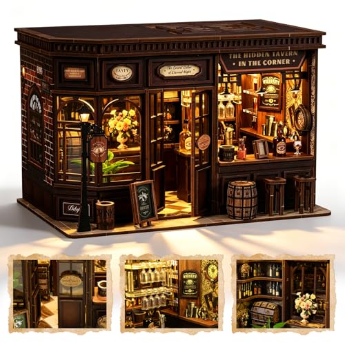 Corner Tavern Book Nook Kit, 3D Wooden Puzzle DIY Miniature House with Warm LED Light, Aesthetic Bookshelf Insert Decor for Adults & Teens