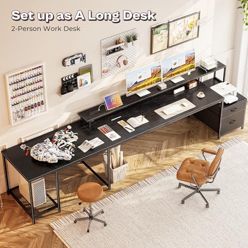 PRAISUN 66" L Shaped Gaming Desk with LED Lights & Power Outlets, Computer Desk with Fabric Drawers and Print Stand, Corner Office Desk, Monitor Stand, Mesh CPU Stand, Black PRAISUN