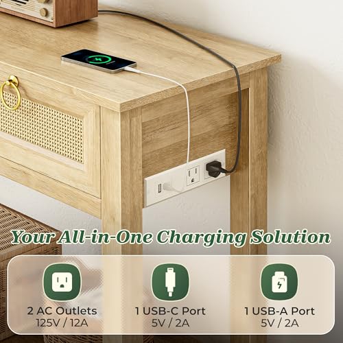 SUPERJARE Rattan Console Sofa Table with Outlets and USB-C Port, 3 Drawer Entryway Table with Synthetic Rattan Surface, Open Shelf, Behind Couch Entry Foyer Hallway Storage, Natural SUPERJARE