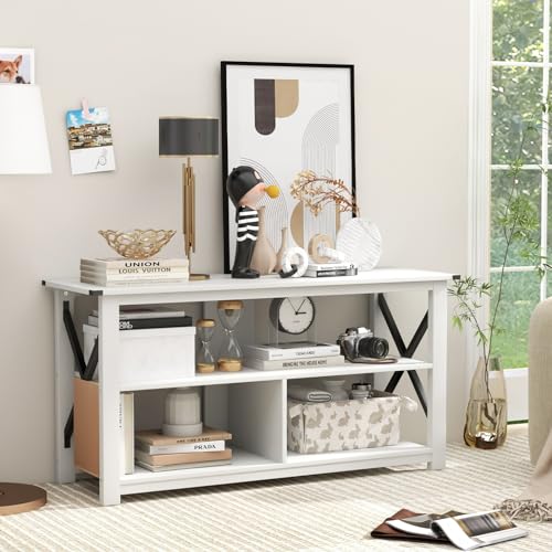Tangkula Wood TV Stand with Open Shelves and X-shaped Frame, 3 Tier Entertainment Center for 55-Inch TV, Farmhouse TV Console Table, Open TV Stands for Living Room Bedroom (White) Tangkula