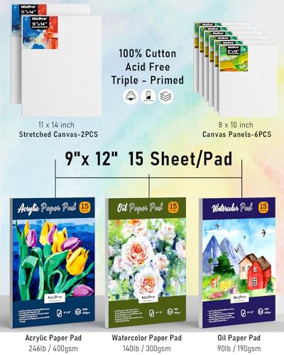 Nicpro 158PCS Deluxe Large Painting Kit with Metal and Solid Beech Wood Easel, Acrylic, Oil & Watercolor Paint Set, Paint Brushes, Canvases, Palette, Paper Pad, Professional Art Set for Adults Artist Nicpro