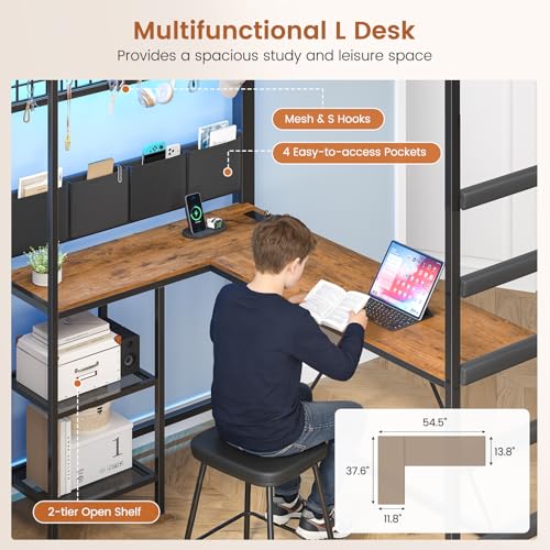 MSmask Full Size Loft Bed with 7 Storage Drawers, Large 2-Cube Bookshelf, L Desk & Charging Station, Metal Loft Bed with LED Lights & Open Shelf, Bed with Safety Guardrail & Ladders, Rustic Brown MSmask