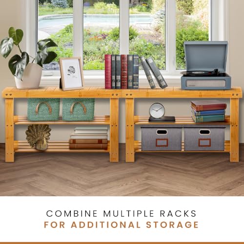 Leaf & Grain Bamboo Shoe Rack - Shoe Storage Bench for Front Door Entrance - Entryway Bench with Shoe Shelf, Shoe Storage Organizer, Wooden Shoe Rack, Durable Shoe Bench for Home (Natural) Leaf & Grain