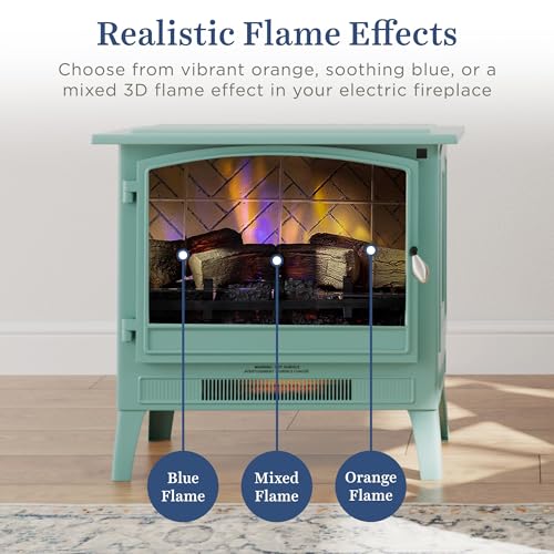 Country Living Infrared Freestanding Electric Fireplace Stove Heater in Mineral Blue | Multiple Flame Colors, Metal Design with Faux Wooden Logs | Alexa/WiFi Enabled, Remote Control Country Living
