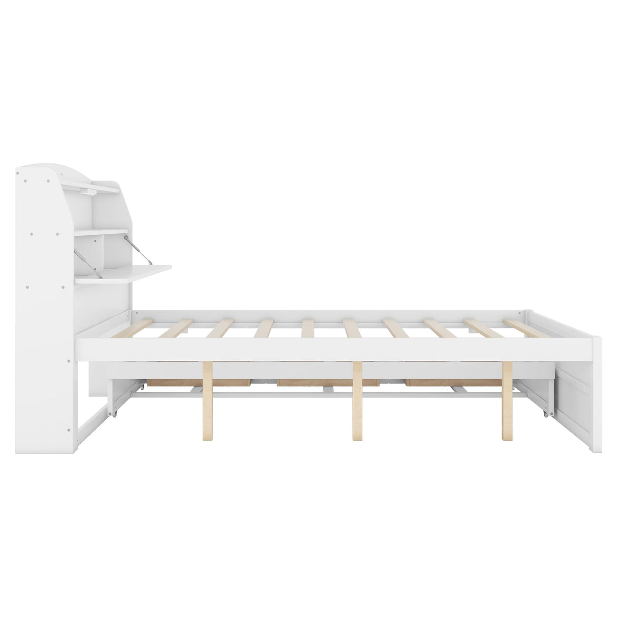 MERITLINE LED Platform Bed with Trundle, Drawers, and Bookcase Headboard - White Full Size Frame with USB Ports MERITLINE