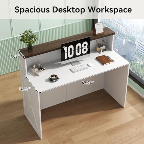 Epecoya Tall Reception Desk with Counter, 47-Inch Modern Front Desks, Unique Barn Door Home Design Office Table Retail Counter for Checkout, Lobby, Beauty Salon, White Epecoya