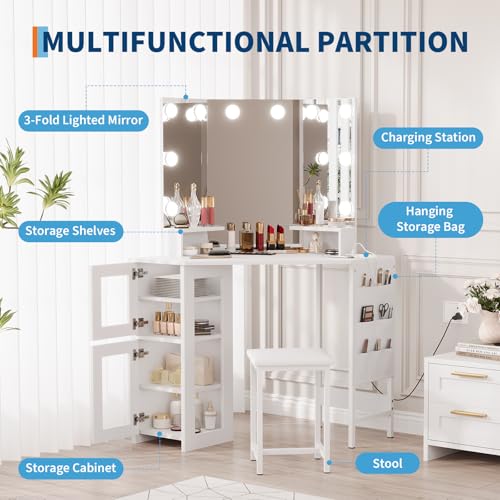 Garvee Corner Vanity Desk and Stool, Corner Makeup Vanity with Light Bulbs Mirror Charging Station and Cabinet for Bedroom, White Garvee