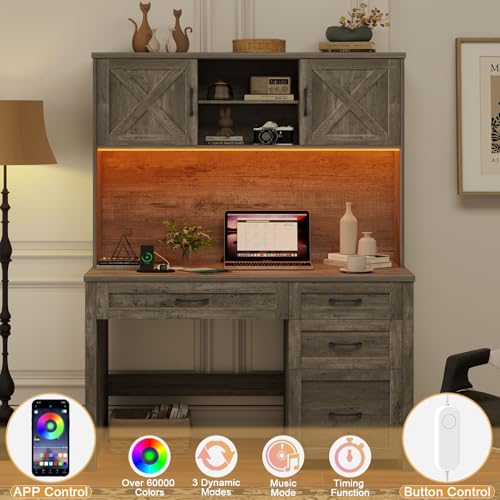 Farmhouse 67" H Executive Desk with Hutch,Office Desk with 4 Drawers and LED light, Wood Workstation for Home Office and Study, Computer Desk with Storage Cabinet,File Drawers, Charging Station.Gray Halitaa