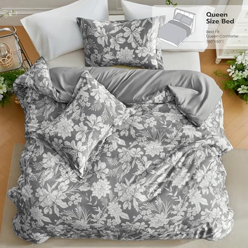 Joiedomi Queen Comforter Set Grey, 3 Pieces Floral Queen Bedding Set with 1 Soft Reversible Botanical Flower Comforter and 2 Pillow Shams, Bed in a Bag for All Seasons Joiedomi
