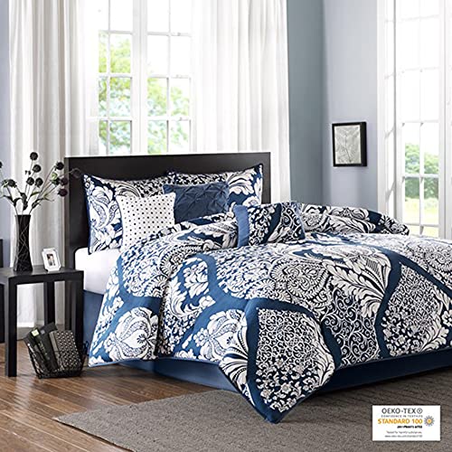 Madison Park Vienna Sateen Cotton Comforter Set, Breathable, Soft Cover, Trendy, All Season Down Alternative Cozy Bedding with Matching Shams, King, Indigo 7 Piece Madison Park