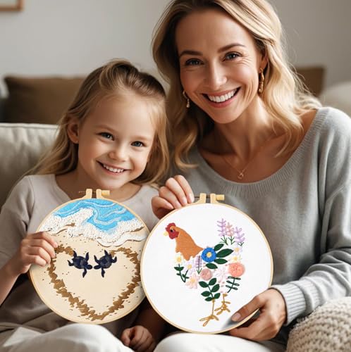 Crafmanoe Beach Embroidery Kits for Beginners Adults, Coastal Stamped Cross Stitch Kits for Beginners Adults, Hand Embroidery Needlepoint Starter Kits, Valentine's Day Gift for Women (Video Tutorial)