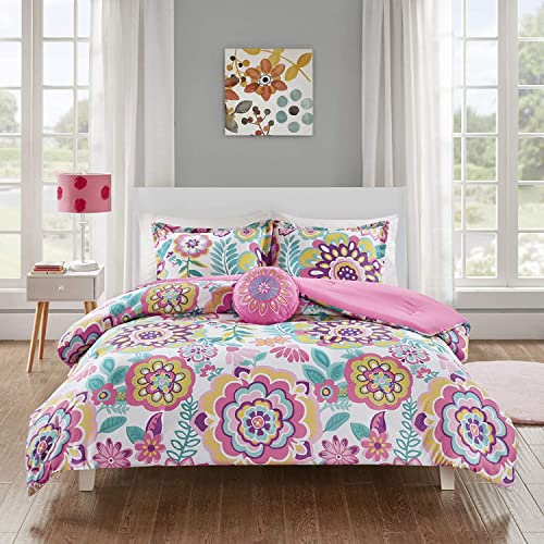 Intelligent Design Camille Comforter Set, Vibrant Flowers Design All Season Teen Bedding, Matching Sham, Decorative Pillow, Girls Bedroom Décor, Full/Queen, Pink 4 Piece Intelligent Design